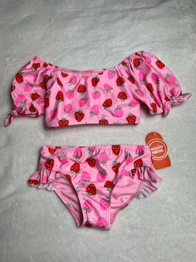Wonder Nation Girls Baby Size 3T Swimsuit Bikini Strawberry Red Pink Bows Swim